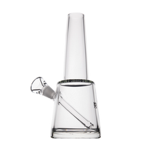 The MJ Arsenal Summit Bong, made from clear borosilicate glass with a cone-shaped base, angled downstem, and cylindrical neck, provides efficient water filtration and is displayed on a plain white background.