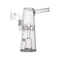 The MJ Arsenal Turret Mini Dab Rig is a clear borosilicate glass rig with a cylindrical base, central percolator, angled mouthpiece, side bowl attachment, and logo near the bottom—combining style and portability.