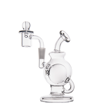 The MJ Arsenal Atlas Mini Dab Rig, made of clear borosilicate glass, has a spherical chamber, angled mouthpiece, circular handle, and a side honeycomb percolator, shown on a plain white background.