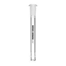The Human Grade Downstems are clear glass tubes with a stopper, black "HUMAN GRADE" label, and two etched bands at the base. Perfect as 14mm downstem water pipe replacements, shown against a plain white background.