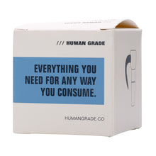 A white box labeled Human Grade Horn Glass Bowl Slide 10mm/14mm has a blue section reading EVERYTHING YOU NEED FOR ANY WAY YOU CONSUME, the website HUMANGRADE.CO at the bottom, and a stylized water pipe bowl icon on the side.