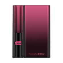The CCELL Palm Pro 510 Thread Battery Vape is a sleek rectangular device with a shiny pink and black gradient, featuring "Powered by CCELL" on the lower right corner and easy cartridge insertion on the left side.