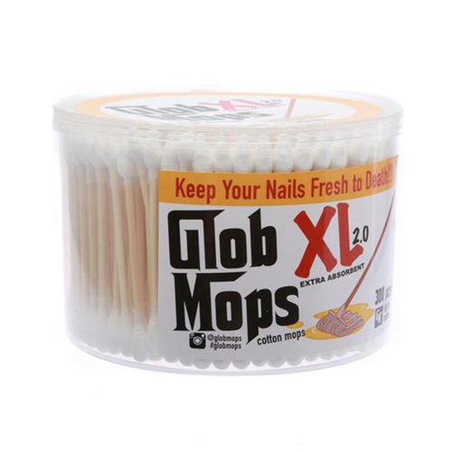 Glob Mops XL 2.0 is a clear plastic container of bamboo cotton swabs with wooden sticks, ideal for cleaning quartz nails. The label says 