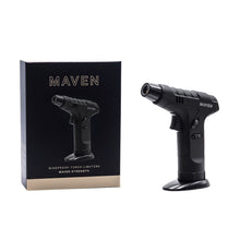 A black Maven Strength Torch (Unfilled) handheld lighter stands beside its box, which features an image of the butane refillable lighter and the text "MAVEN" and "Windproof Torch Lighters Maven Strength" in gold and white on a black background.
