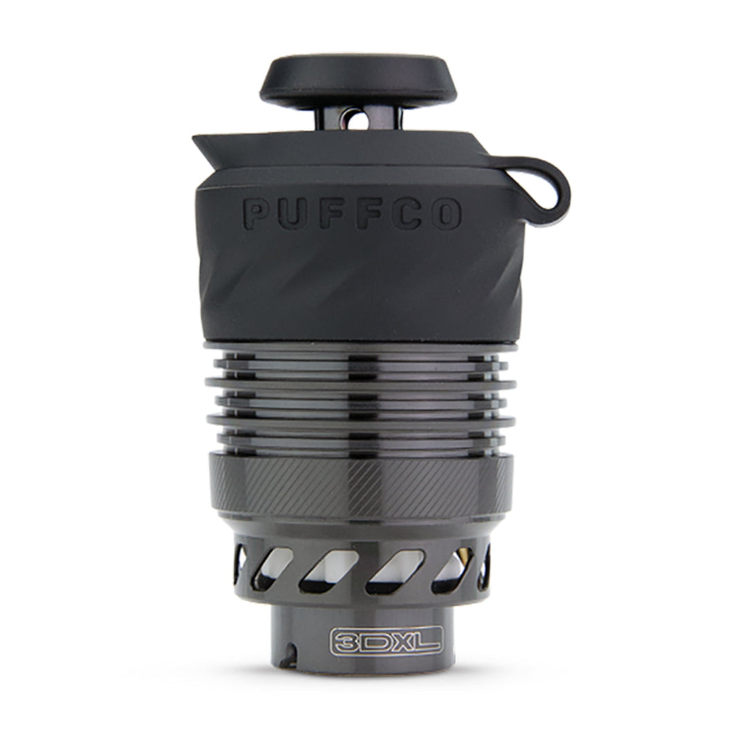 A close-up of the Puffco 3DXL Chamber (Black), featuring a black top, ribbed middle, and metallic base labeled 3DXL, highlights its advanced 3D technology against a plain white background.