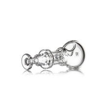 The MJ Arsenal Tetra, crafted from clear borosilicate glass with intricate design details and a small logo on the bowl, is shown lying on its side against a white background.