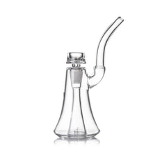 The MJ Arsenal Lumina Bubbler is a clear borosilicate glass water pipe with a flared base, cylindrical neck, and curved mouthpiece. It includes a 14mm flower bowl and is designed for smooth hits.