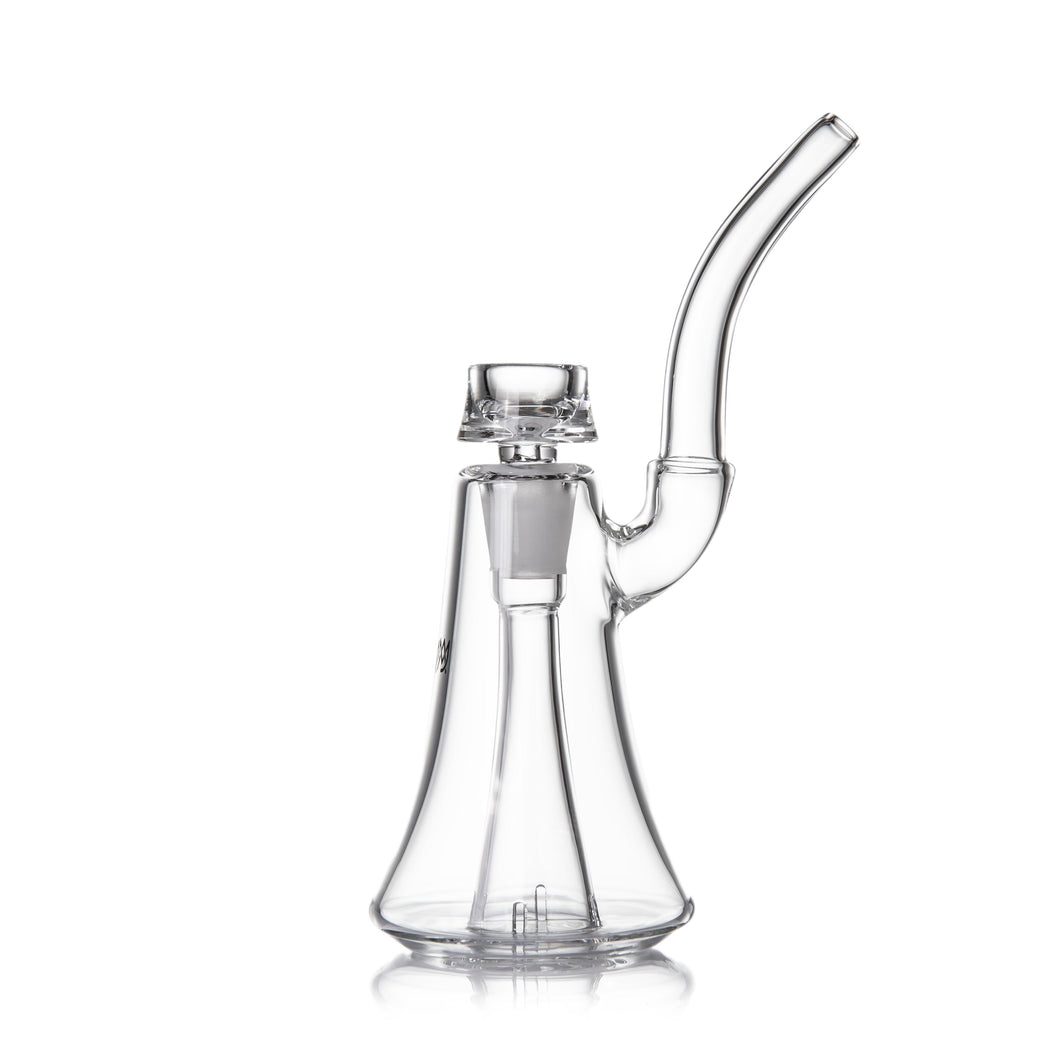 The MJ Arsenal Lumina Bubbler is a clear borosilicate glass water pipe with a flared base, cylindrical neck, and curved mouthpiece. It includes a 14mm flower bowl and is designed for smooth hits.