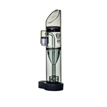 The Ryan Fitt Pillar Pivot Bubbler, a transparent cylindrical glass e-rig attachment featuring a mouthpiece, removable chamber, and black base, is displayed standing upright against a white background.