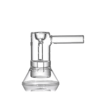 The MJ Arsenal Cove Glass Bubbler, made of clear borosilicate glass, features a funnel-shaped base and a horizontal tube at the top, shown against a plain white background.