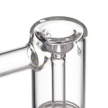 Close-up of the MJ Arsenal Cove Glass Bubbler, made from clear borosilicate glass with a circular bowl and short stem. The image showcases its smooth, transparent surface and the precise design of this durable smoking accessory.