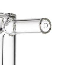 Close-up of the MJ Arsenal Cove Glass Bubbler’s clear glass spout and minimalist cylindrical design. Crafted from durable borosilicate glass, this modern bubbler is shown against a white background.