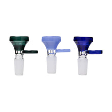 Three Human Grade Handle Bowl x3 - 14mm for water pipes, each with an easy-grip handle and 14mm male joint. The solid bowl tops are dark green, light blue, and dark blue, shown side by side on a white background.