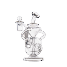 The MJ Arsenal Infinity Mini Dab Rig is a clear borosilicate glass recycler with curved tubes, a round base, top mouthpiece, and removable side bowl attachment, shown on a white background.