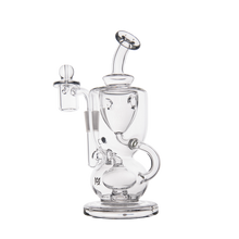 The MJ Arsenal Titan Mini Dab Rig is a clear borosilicate glass rig featuring multiple chambers, a curved mouthpiece, side percolator, and round base, resembling an incycler, shown against a plain white background.