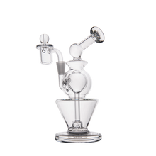 The MJ Arsenal Gemini Mini Dab Rig features a clear borosilicate glass build with a bulbous chamber, conical base, angled mouthpiece, and attached bowl—portable and durable for dabbing, shown against a white background.