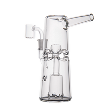 The MJ Arsenal Turret Mini Dab Rig is a clear borosilicate glass dab rig with a cylindrical design, an intricate glass percolator, and side-mounted bowl attachment, shown against a white background for a compact portable experience.