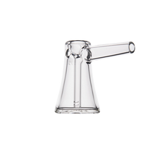 The MJ Arsenal Vulkan Bubbler is a clear borosilicate glass piece with a conical base, vertical cylindrical neck, and horizontal tube extending from the upper side, shown on a white background.