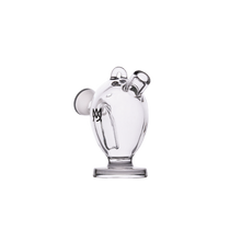 The MJ Arsenal The Martian® Original Blunt Bubbler™ is a clear glass vessel with a flat base, two angled openings, a circular side handle, and a black logo—ideal for water filtration—displayed against a plain white background.