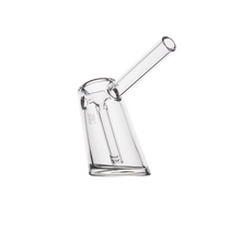 A clear borosilicate glass bubbler with a cylindrical body and angled mouthpiece stands upright on a white background, showcasing the sleek design of the MJ Arsenal Fulcrum Bubbler.