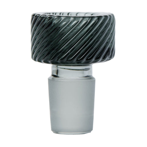 A close-up of the Softglass x Andy Roth Totem Glass Bowl Slide 14mm, featuring borosilicate glass with a frosted base and a spiral-patterned black top, designed for use with water pipes or bongs, set against a white background.