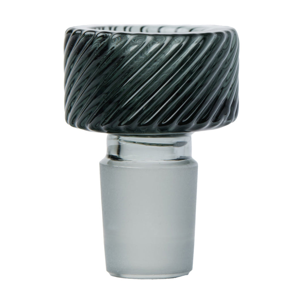 A close-up of the Softglass x Andy Roth Totem Glass Bowl Slide 14mm, featuring borosilicate glass with a frosted base and a spiral-patterned black top, designed for use with water pipes or bongs, set against a white background.