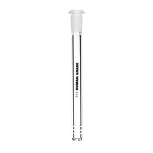 The Human Grade Downstems are clear glass tubes with frosted stoppers, “HUMAN GRADE” labeled vertically, three circular cutouts near the base, and are compatible as 10mm downstem water pipe replacements.