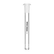 The Human Grade Downstems are clear glass tube water pipe replacements with a frosted glass stopper, "HUMAN GRADE" printed vertically in black, and three rings at the base. Available in 14mm or 10mm downstem sizes.