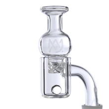 Close-up of MJ Arsenal Quartz Terp Pearls (6mm), clear glass spheres for enhanced dabbing, shown with a transparent banger featuring a spiral insert, round base, and engraved logo, all set against a white background.