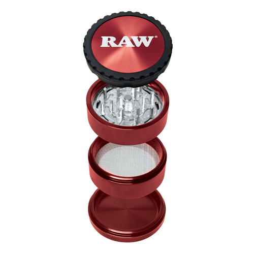 The RAW Life Grinder, a red 4-piece aircraft grade aluminum grinder, is shown separated vertically to display its grinding teeth, mesh screen, and storage compartment. The top lid features the RAW logo in white.