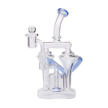 The Dualing Recycler Glass Rig Water Pipe is a clear borosilicate glass rig with blue accents, multiple chambers, percolators, and a bent mouthpiece. This 14mm recycler is ideal for smooth and efficient filtration when smoking or vaporizing concentrates.