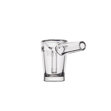 The MJ Arsenal Basin Bubbler is a clear borosilicate glass pipe attachment with a cylindrical side spout and open top for mini bubbler water filtration, shown against a plain white background.