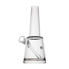 The MJ Arsenal Summit Bong is a clear, conical borosilicate glass bong featuring an angled downstem and small side bowl, all showcased on a white background.