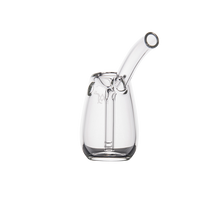 The MJ Arsenal Bulb Bubbler is a portable, clear borosilicate glass water pipe featuring a curved mouthpiece and cylindrical body, designed for both style and durability against a plain white background.