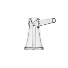 The MJ Arsenal Vulkan Bubbler, made of clear borosilicate glass, features a conical base and a horizontally angled cylindrical mouthpiece, shown on a white background.