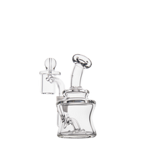 The MJ Arsenal Jammer Mini Dab Rig is a portable piece made from clear borosilicate glass with a bent neck, round base, and matching glass bowl attachment, shown against a white background.