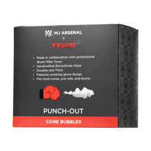 A black and red MJ Arsenal x Tyson 2.0 Punch-Out Cone Bubbler box with pixel art of a boxing glove and cloud, product details on the front, and crafted from premium borosilicate glass for lasting durability.