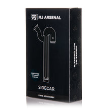 A black MJ Arsenal box features a white line drawing of the Sidecar Pivot Top e-rig accessory, notes its compatibility with the Puffco Pivot dab pen, and displays the MJ Arsenal brand name and website on the packaging.
