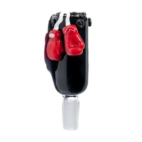 The Tyson Heavy Bag Glass Bowl Slide 14mm is a glass pipe shaped like a black boxing heavy bag with red gloves hanging from the top, photographed on a white background.