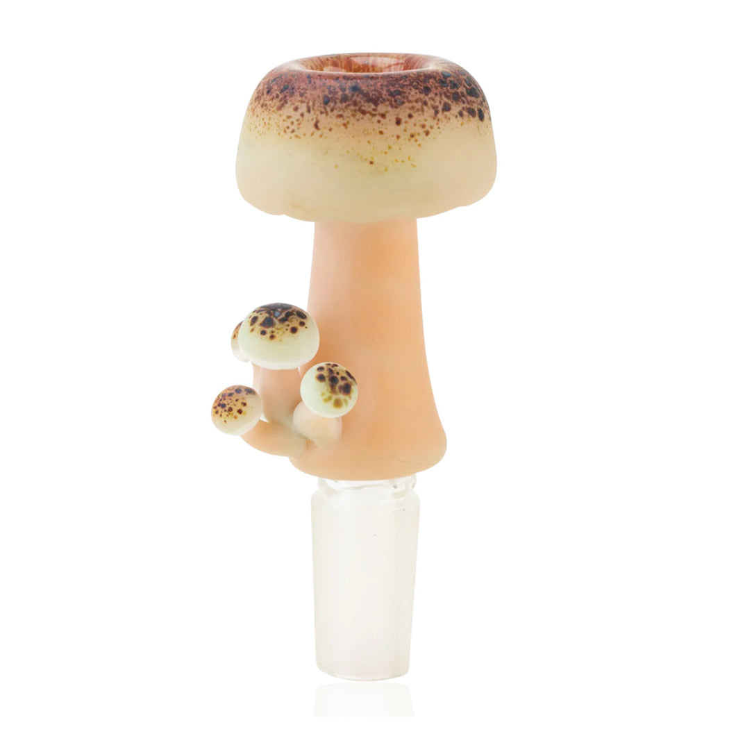 The Empire Glass Works Mushroom Bowl 14mm features beige and brown borosilicate glass shaped like a mushroom with three smaller mushrooms, plus a clear stem, designed for a 14mm joint.
