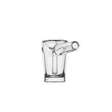 The MJ Arsenal Basin Bubbler is a clear borosilicate glass shot glass featuring a cylindrical side spout, reminiscent of a mini bubbler, shown against a plain white background.