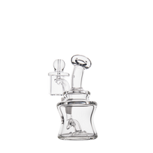 The MJ Arsenal Jammer Mini Dab Rig is a clear borosilicate glass water pipe with a curved neck, round base, and attached chamber, designed for smoking or vaporizing, shown against a plain white background.