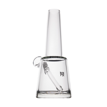 The MJ Arsenal Summit Bong features clear borosilicate glass, a conical base, straight neck, side carb, and an etched logo for smooth water filtration—all shown on a plain white background.
