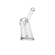 The MJ Arsenal Fulcrum Bubbler, made from borosilicate glass, showcases a slanted cylindrical body and angled spout, all presented against a plain white background.