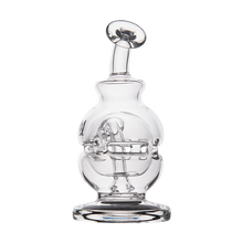 The MJ Arsenal Royale Vape Edition features a clear glass sculpture with a round base, intricate internal twists, and a tilted, funnel-shaped opening—blending decorative art with elegant dab rig design.