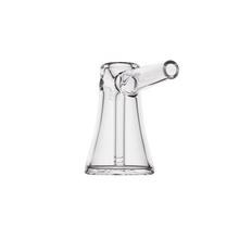 The MJ Arsenal Vulkan Bubbler, crafted from clear borosilicate glass with a wide base, narrow neck, and horizontal spout, showcases minimalist modern design—ideal for any collection. Displayed on a white background.