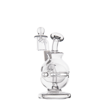 The MJ Arsenal Royale Mini Dab Rig is a clear borosilicate glass water pipe with a round base, bent neck, and attached fab egg percolator, shown on a plain white background.