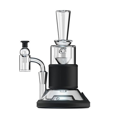 The Softglass Tandem Rig Kit is a modern dab device made from durable borosilicate glass with a cylindrical chamber, wide base, top mouthpiece, side percolator, black accents, and an easy-to-use power button.