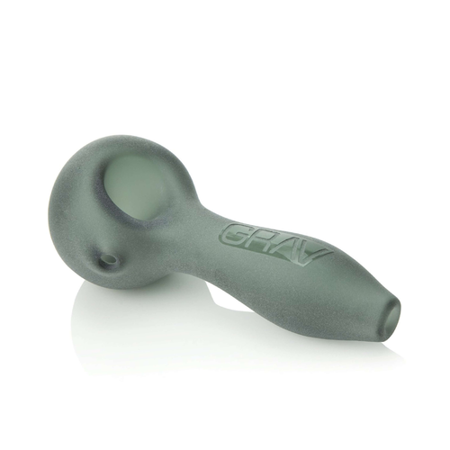 The Grav Sandblasted Spoon is a small, frosted gray pipe with a deep bowl and GRAV embossed on the stem, displayed on a white background.