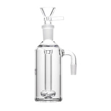 The Human Grade Standard Ash Catcher is a clear glass attachment with a flower bowl on top, a side tube with joint, and a visible internal percolator inside its transparent, bottle-shaped body.